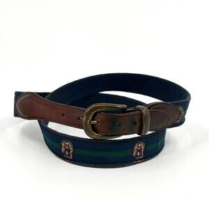 Vintage 80s YRI Navy Green Genuine Leather Preppy Woven Crest Belt